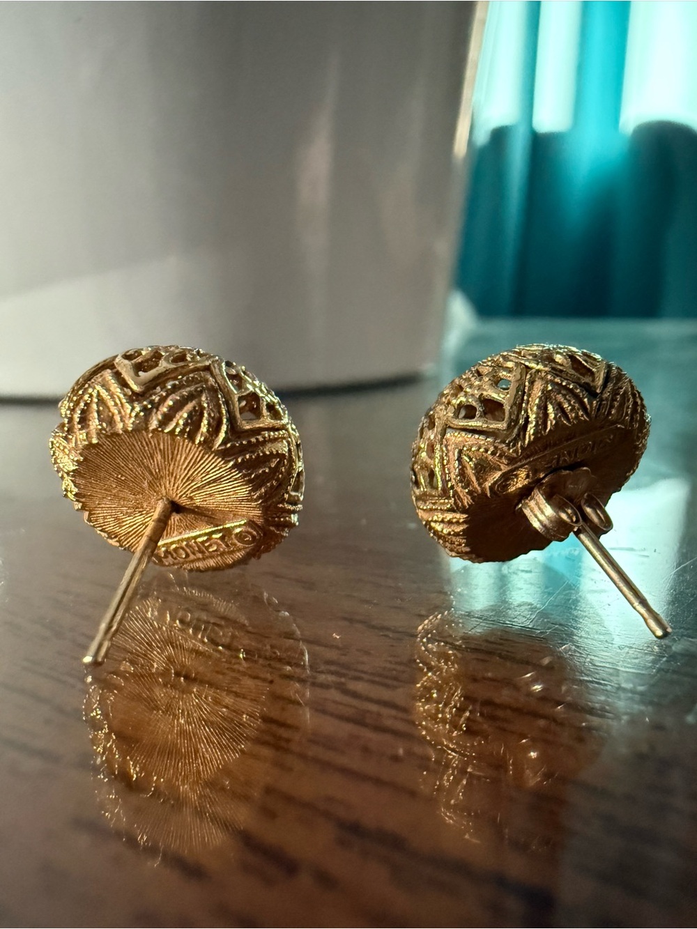 Vintage Monet Gold Tone Filigree Dome Stud Earrings - Picture 2 of 6